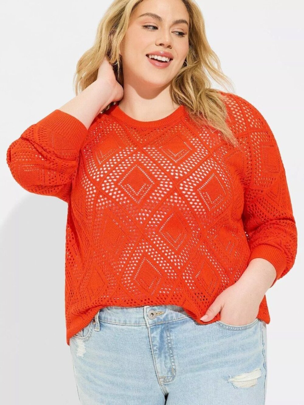 NEW NWT TORRID 1 Plus Size Pointelle Pullover Long Sleeve Sweater Red Orange ish